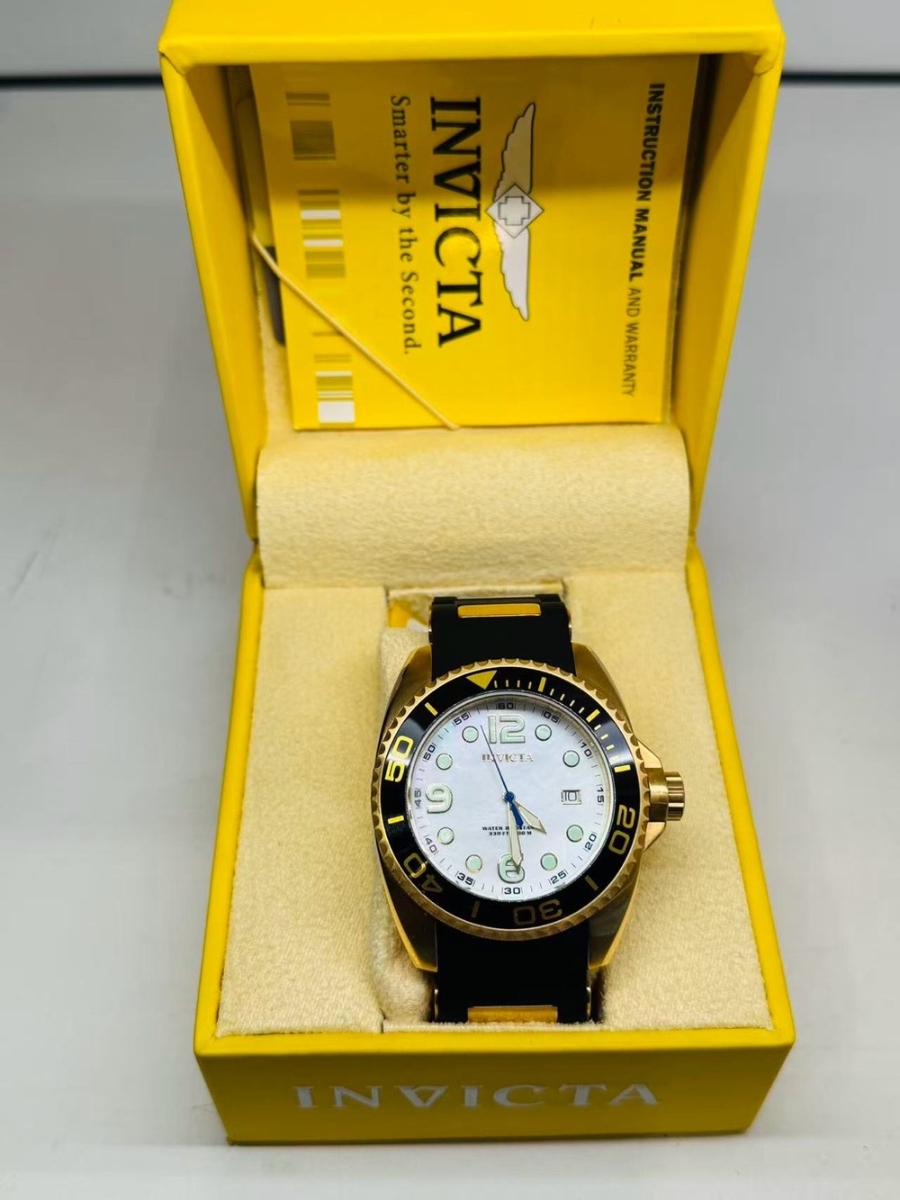 Invicta Pro Diver Gold Tone 44mm Quartz Watch MOP Dial Black Strap New In Box